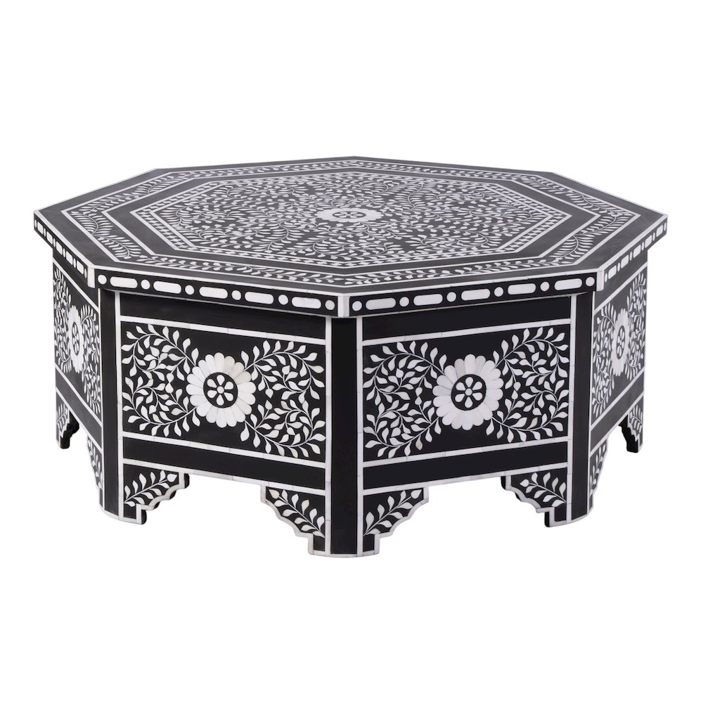 Blackwell 40.25" W Octagonal Bone In-Lay Coffee Table, Black, White. Picture 6