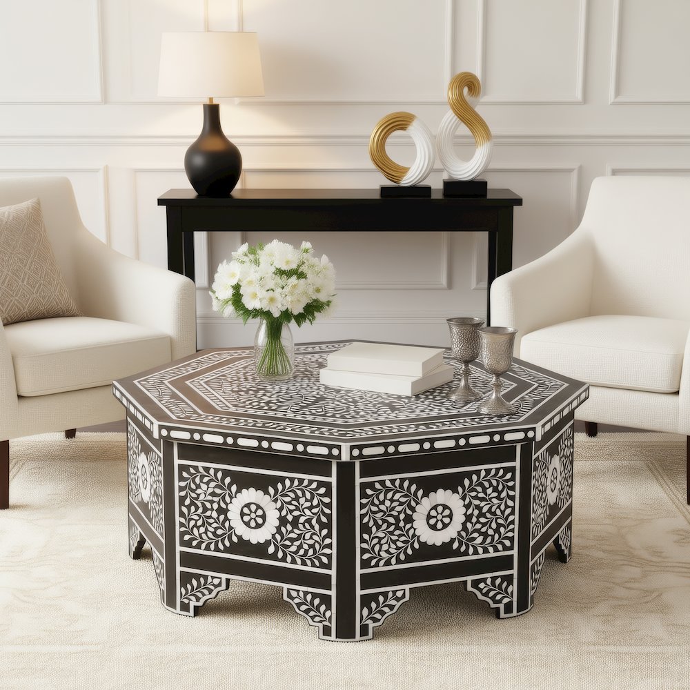 Blackwell 40.25" W Octagonal Bone In-Lay Coffee Table, Black, White. Picture 2