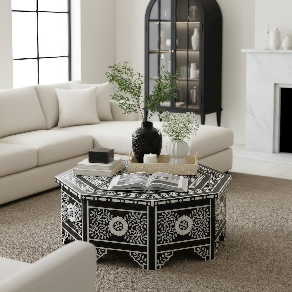 Blackwell 40.25" W Octagonal Bone In-Lay Coffee Table, Black, White. Picture 9