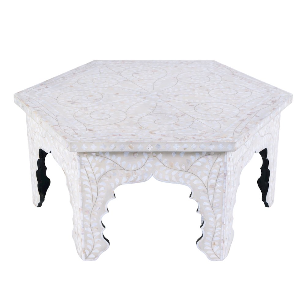 Marjorie 40.5 in W Hexagon Mother of Pearl Coffee Table, White. Picture 1