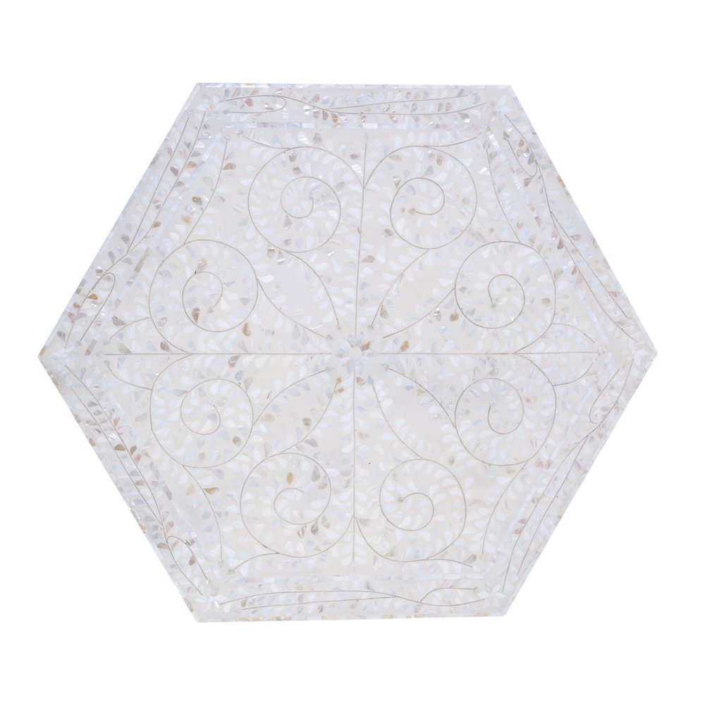 Marjorie 40.5 in W Hexagon Mother of Pearl Coffee Table, White. Picture 7