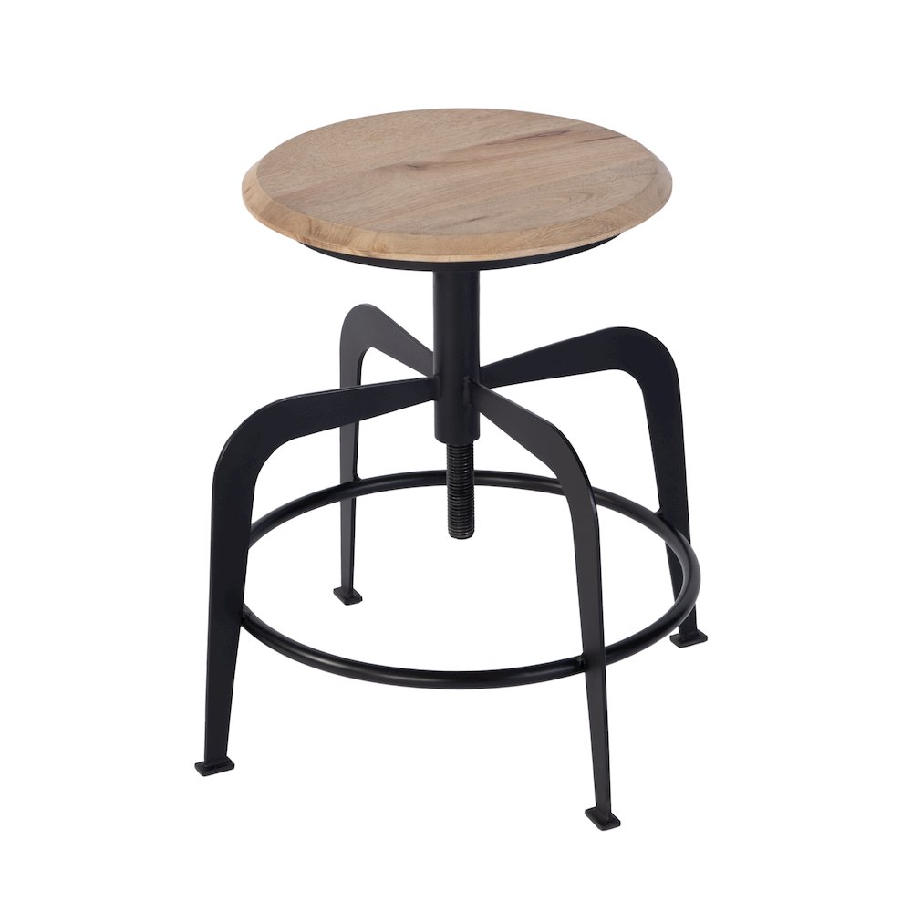 Edison 20-27 in. Adjustable Seat Height Iron Bar Stool, Black, Natural. Picture 1