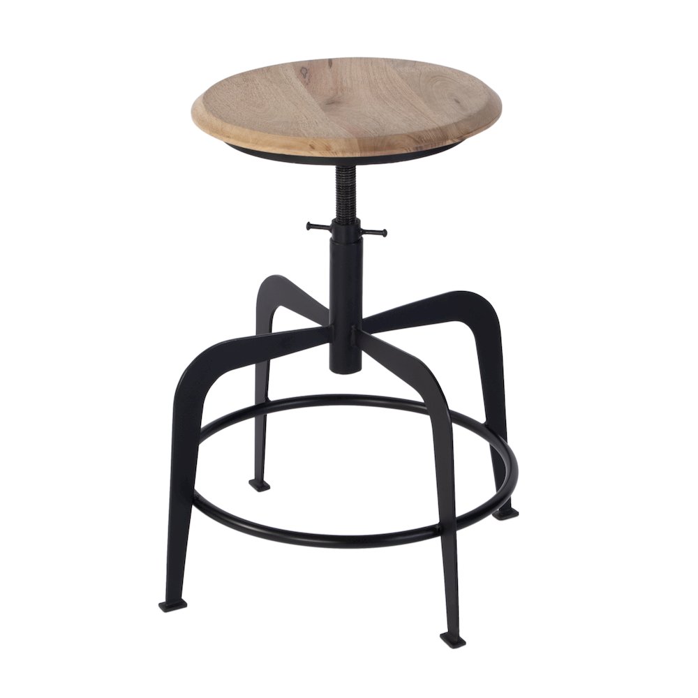 Edison 20-27 in. Adjustable Seat Height Iron Bar Stool, Black, Natural. Picture 7