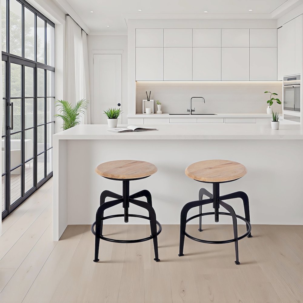 Edison 20-27 in. Adjustable Seat Height Iron Bar Stool, Black, Natural. Picture 2