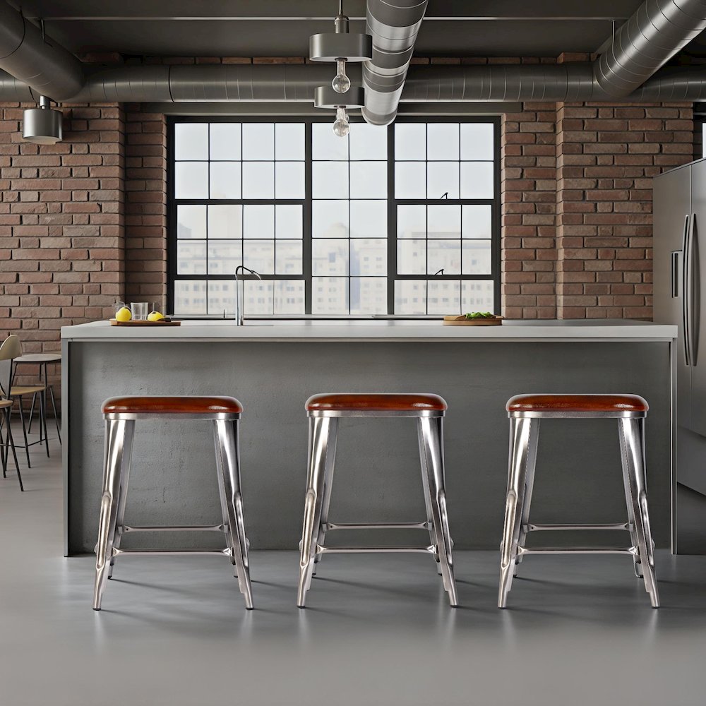 Eastham 24.75 in Seat Height Iron Counter Stool, Brown, Silver. Picture 2