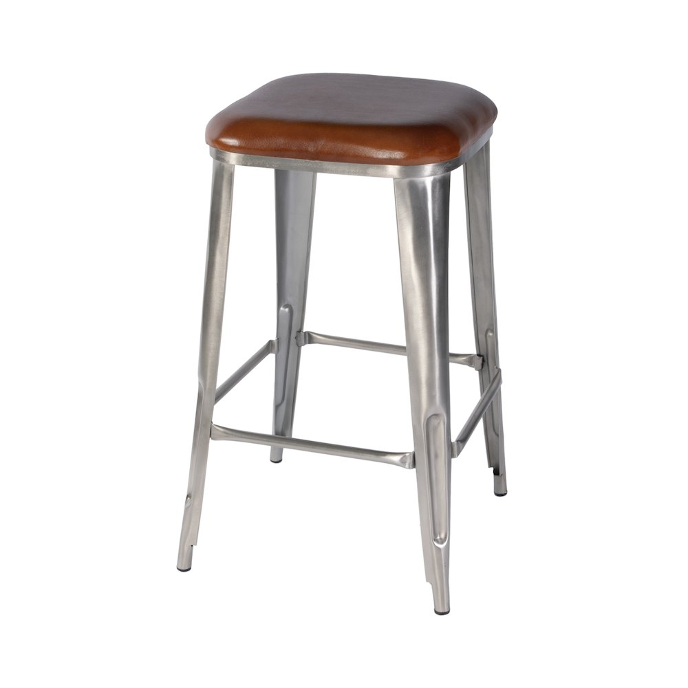 Eastham 30.75 in Seat Height Leather and Iron Bar Stool, Brown, Silver. Picture 1