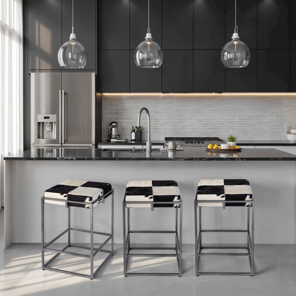 Stinson 26.5" Seat Height Hair on Hide Counter Stool, Black, White. Picture 2