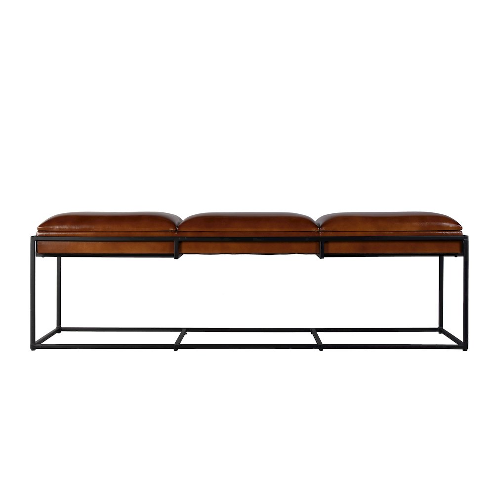 Kane 62 in. W Leather and Iron Accent Bench, Brown, Black. Picture 3