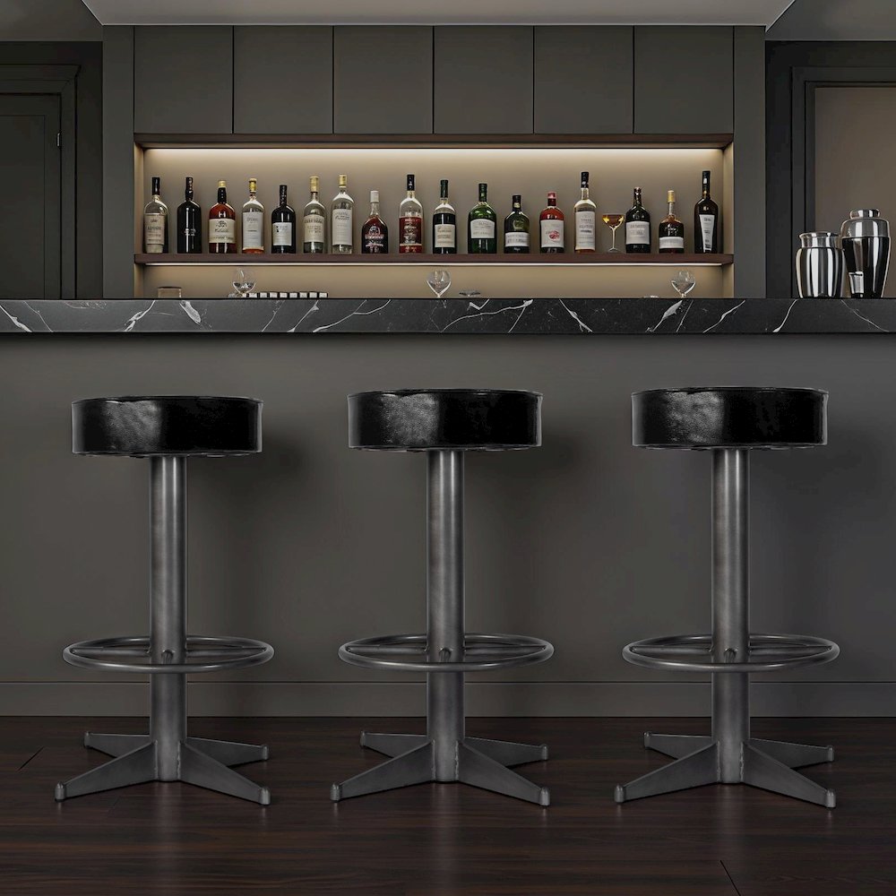Malcolm 30 in. Seat Height Leather and Iron Bar Stool, Black. Picture 2