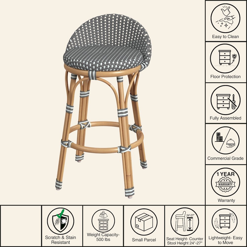 Inez 24 in. Seat Height Rattan Low Back Counter Stool, Gray. Picture 8