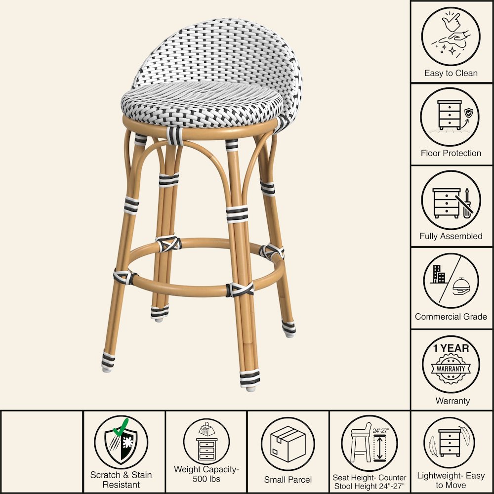 Inez 24 in. Seat Height Rattan Low Back Counter Stool, Black. Picture 8