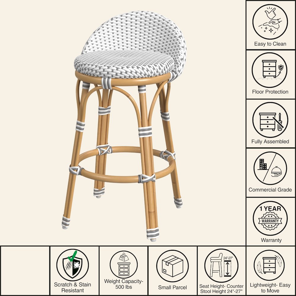 Inez 24 in. Seat Height Rattan Low Back Counter Stool, Gray. Picture 8