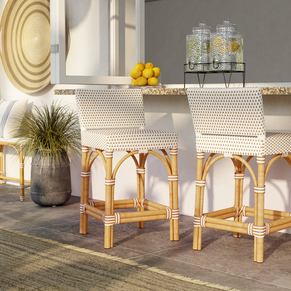 Amalfi 24.5 in. Seat Height Outdoor Counter Stool, Beige and White. Picture 2