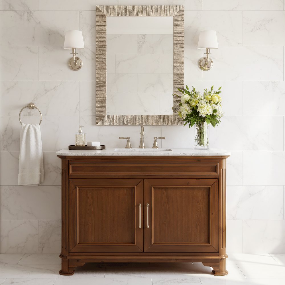 Colorado 48"W Marble Top Single Sink Bathroom Vanity, Walnut. Picture 2