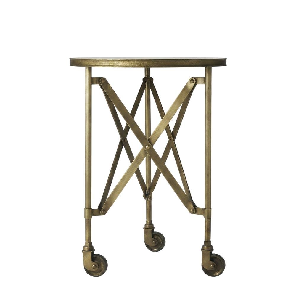 Round Industrial Side Table, Distressed Accent Table, Olive Ash. Picture 1