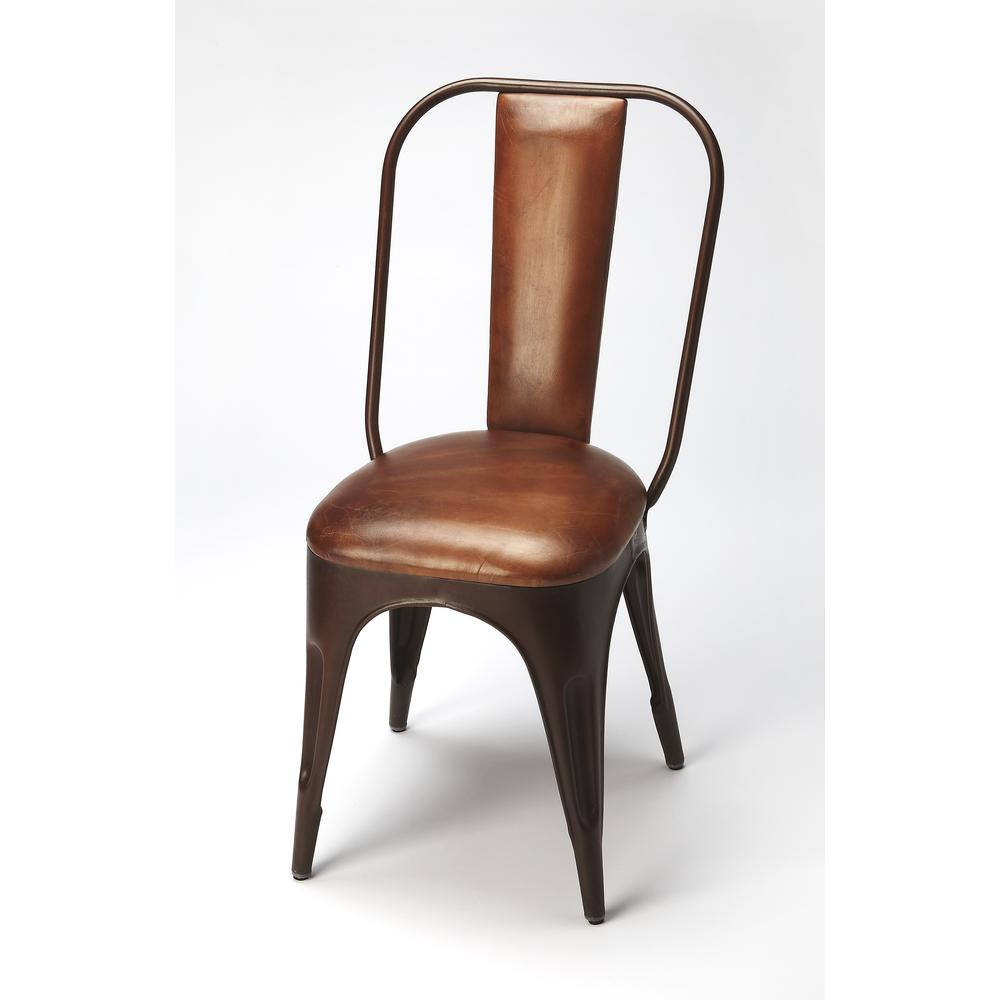 Riggins Iron & Leather Side Chair, Medium Brown. Picture 1