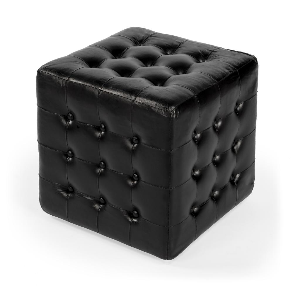 Leon Leather Cube Ottoman, Black. Picture 1