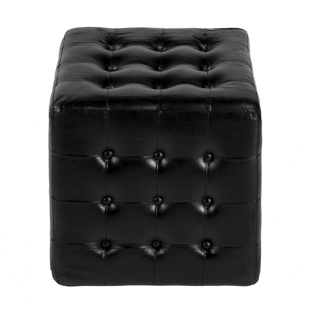 Leon Leather Cube Ottoman, Black. Picture 3