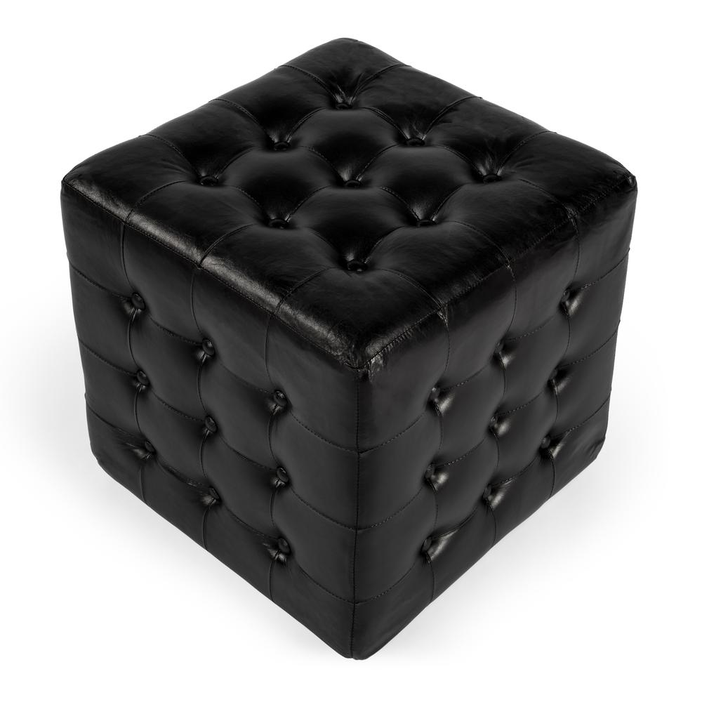 Leon Leather Cube Ottoman, Black. Picture 5