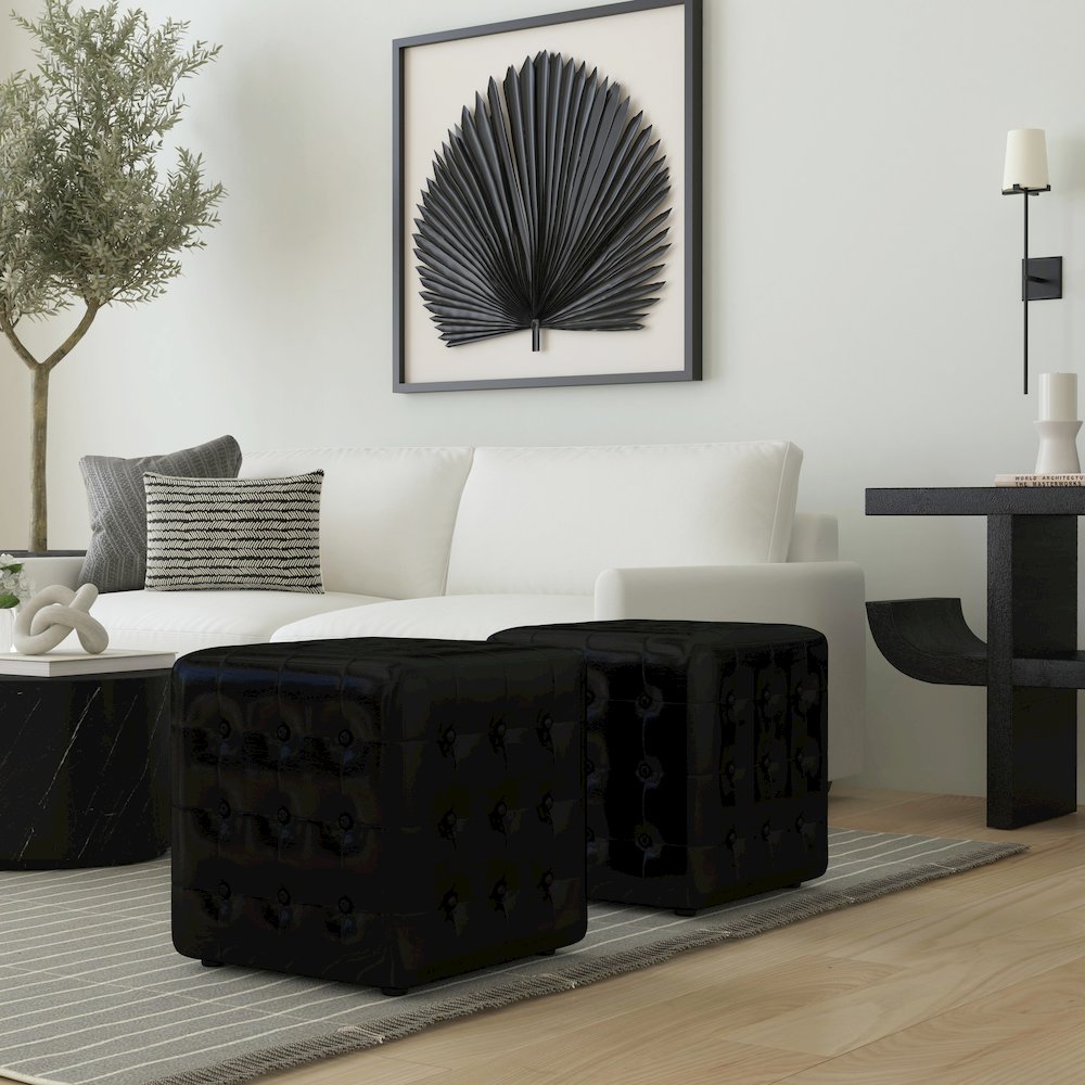 Leon Leather Cube Ottoman, Black. Picture 2
