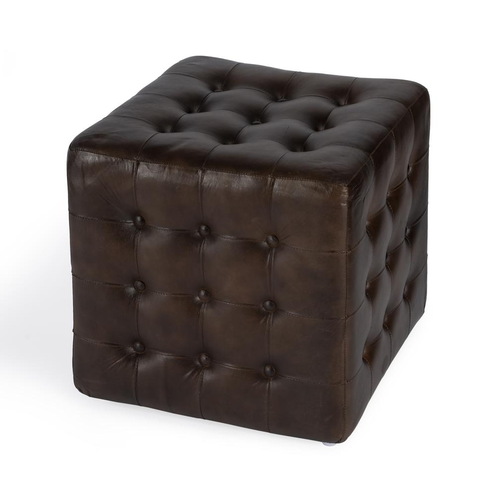 Leon Button Tufted Leather Ottoman, Dark Brown. Picture 1