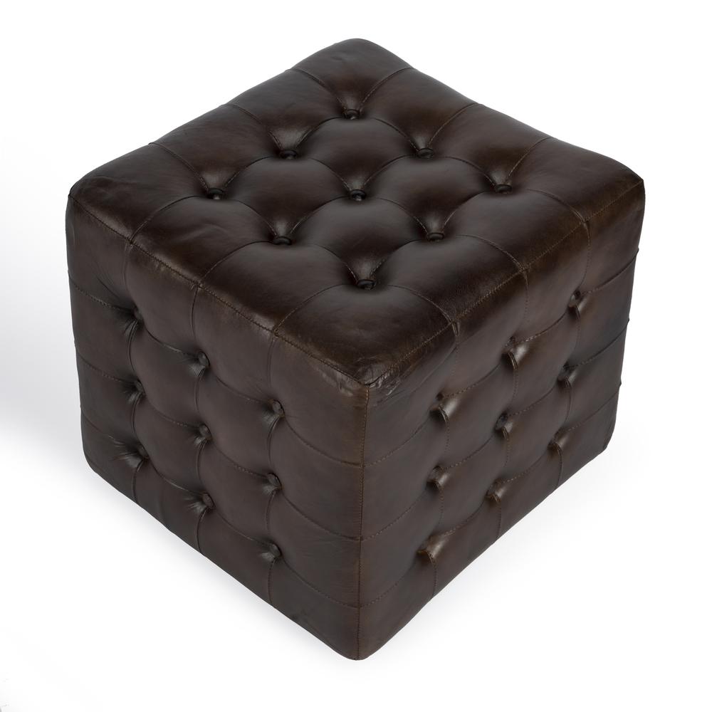 Leon Button Tufted Leather Ottoman, Dark Brown. Picture 2
