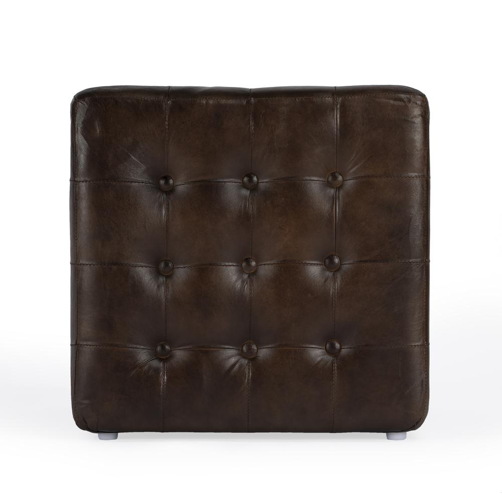Leon Button Tufted Leather Ottoman, Dark Brown. Picture 3