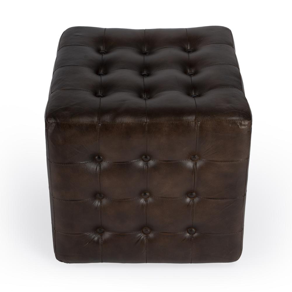 Leon Button Tufted Leather Ottoman, Dark Brown. Picture 4