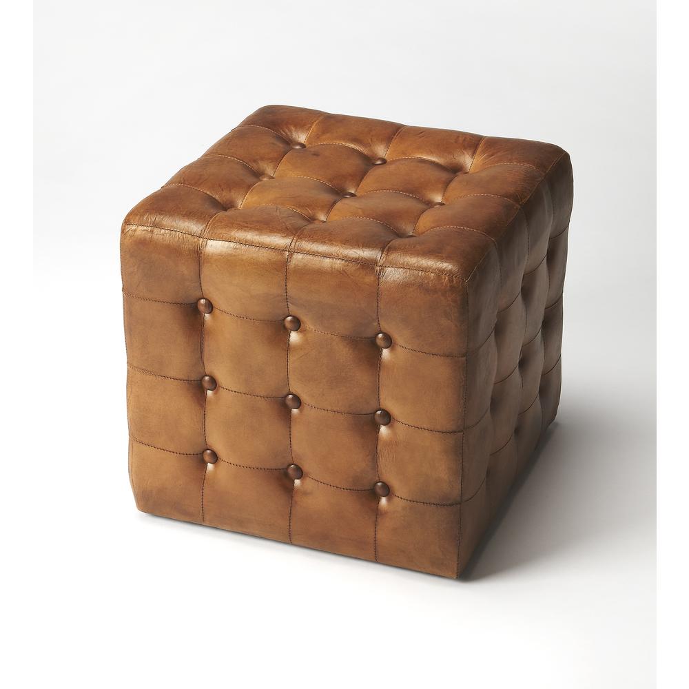 Leon Leather Cube Ottoman, Medium Brown. Picture 1