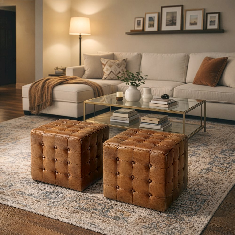 Leon Leather Cube Ottoman, Medium Brown. Picture 2