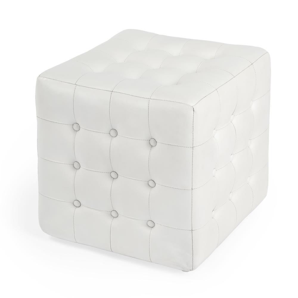 Leon Leather Cube Ottoman, White. Picture 1