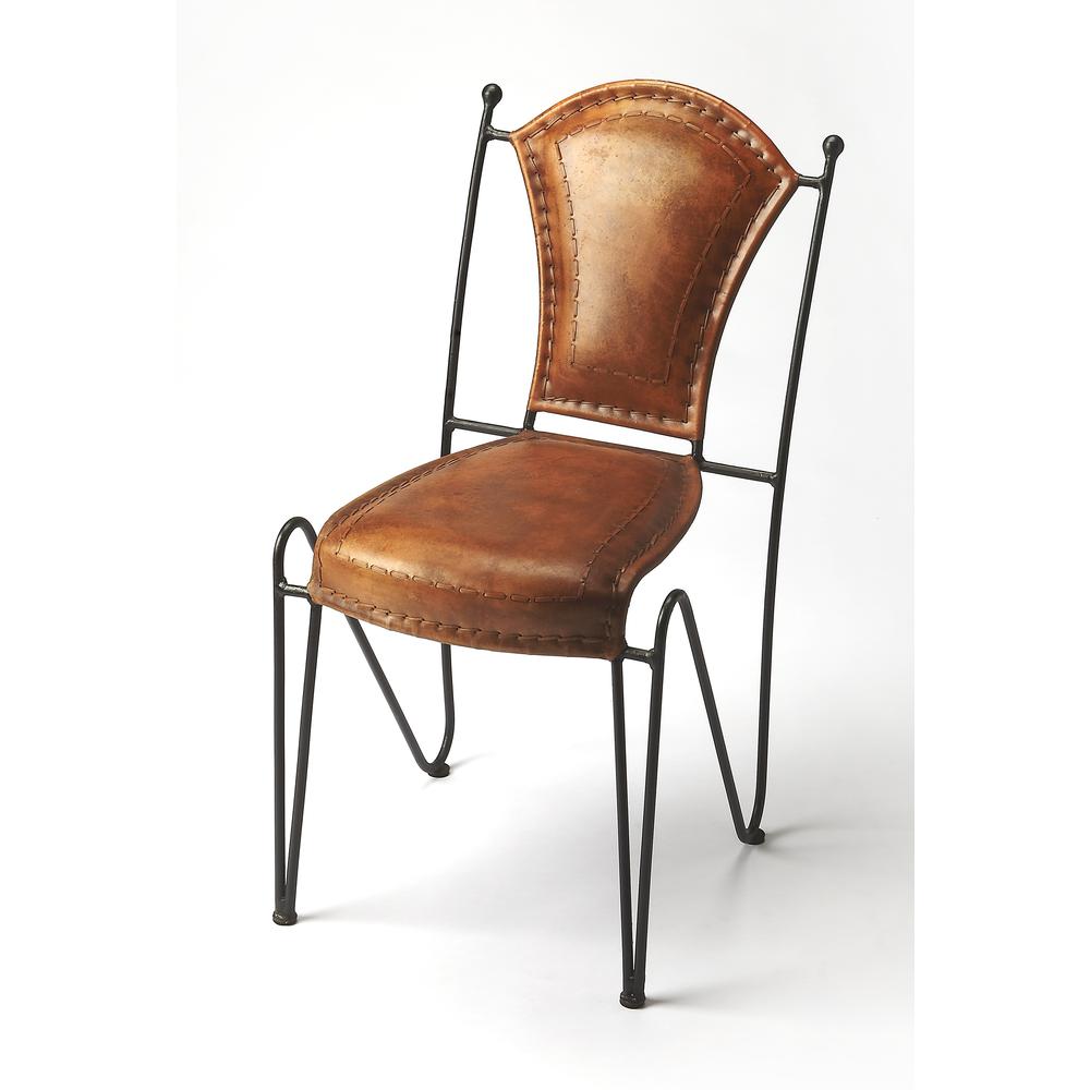 Coriander Iron & Leather Side Chair, Medium Brown. Picture 1