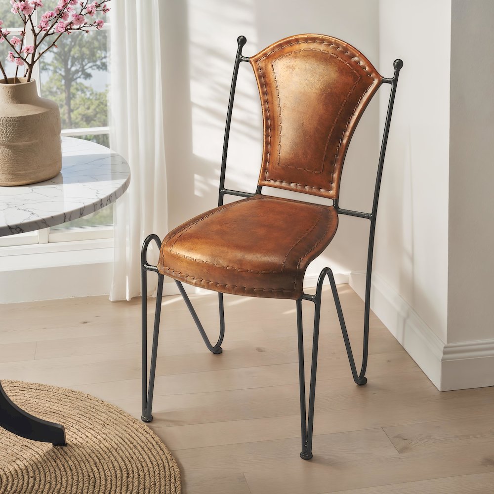 Coriander Iron & Leather Side Chair, Medium Brown. Picture 2