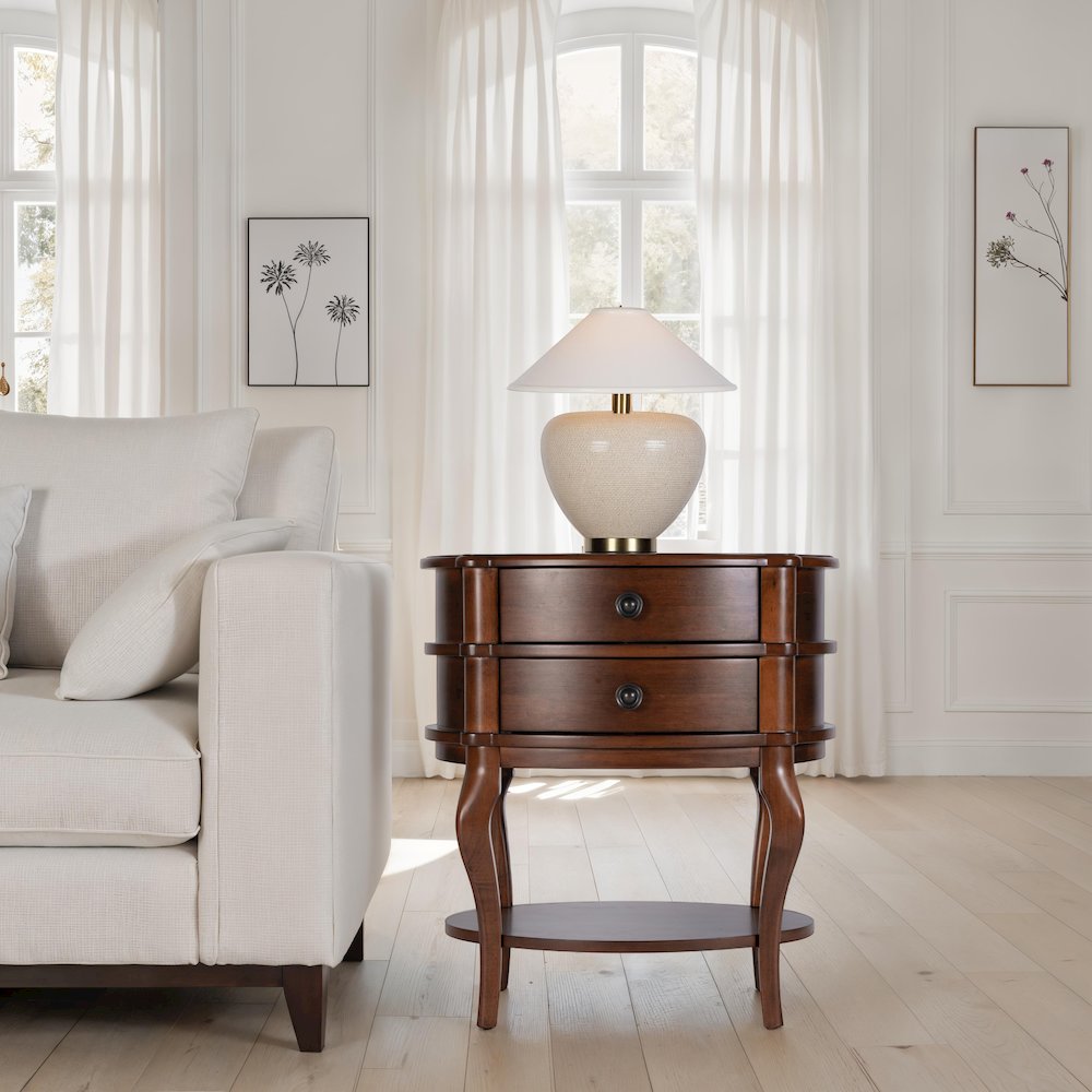 Ethel 25 in. W Oval Wood 2 Drawer Accent Table, Brown. Picture 2