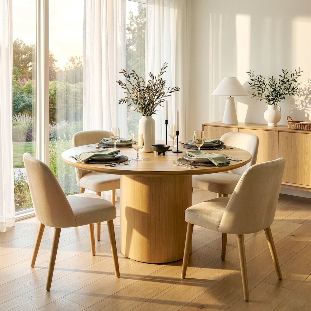 Coral 54 in. W Round Wood Pedestal Dining Table, Light Brown. Picture 2