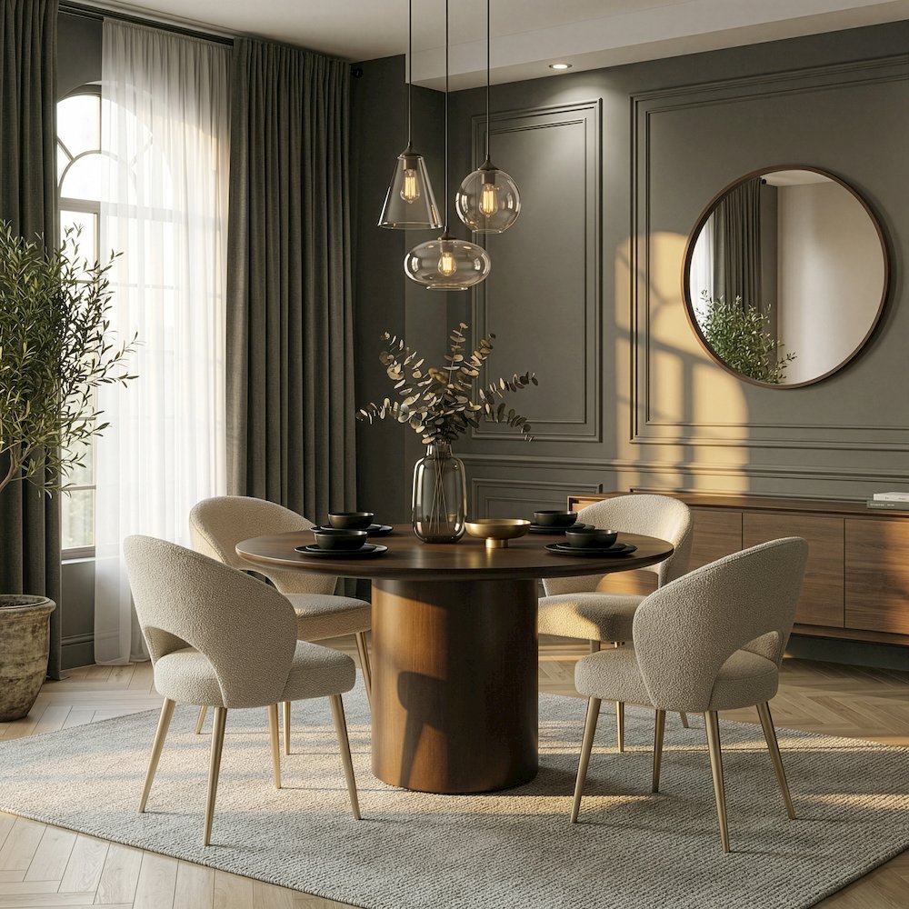Coral 54 in. W Round Wood Pedestal Dining Table, Walnut. Picture 2