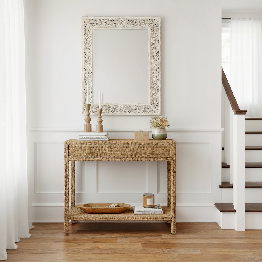 Como 31.5 in. W Banana Leaf 1 Drawer Console Table, Natural. Picture 2