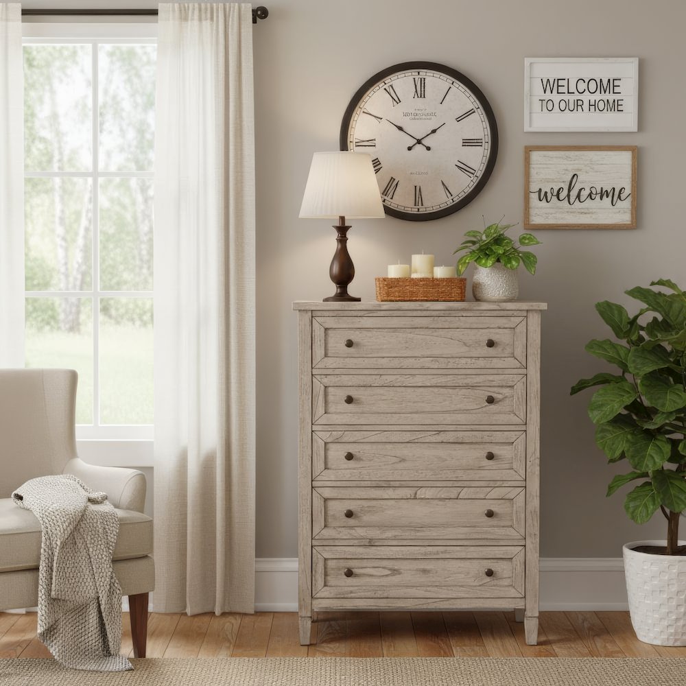 Flagstaff 32 in. W Rectangular Wood 5 Drawer Chest, Gray. Picture 2