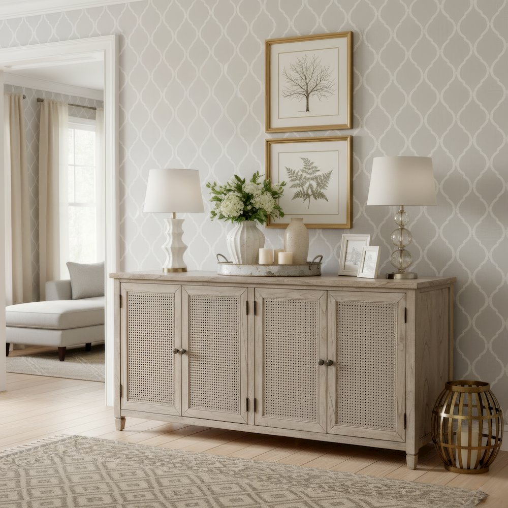 Flagstaff 70 in. W Rectangular Cane 4 Door Sideboard, Gray. Picture 2