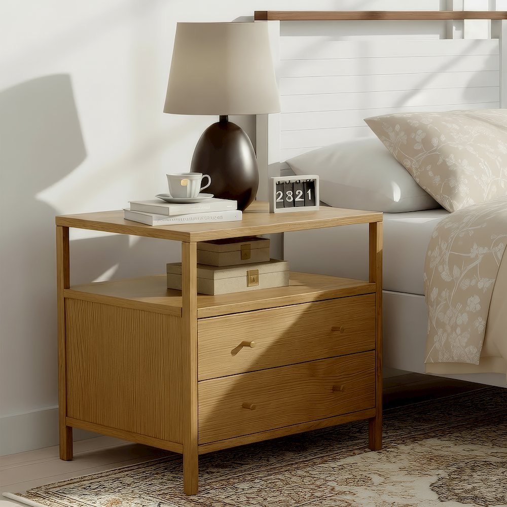 Mendel 28 in. W Rectangular Wood 2 Drawer Nightstand, Light Brown. Picture 2