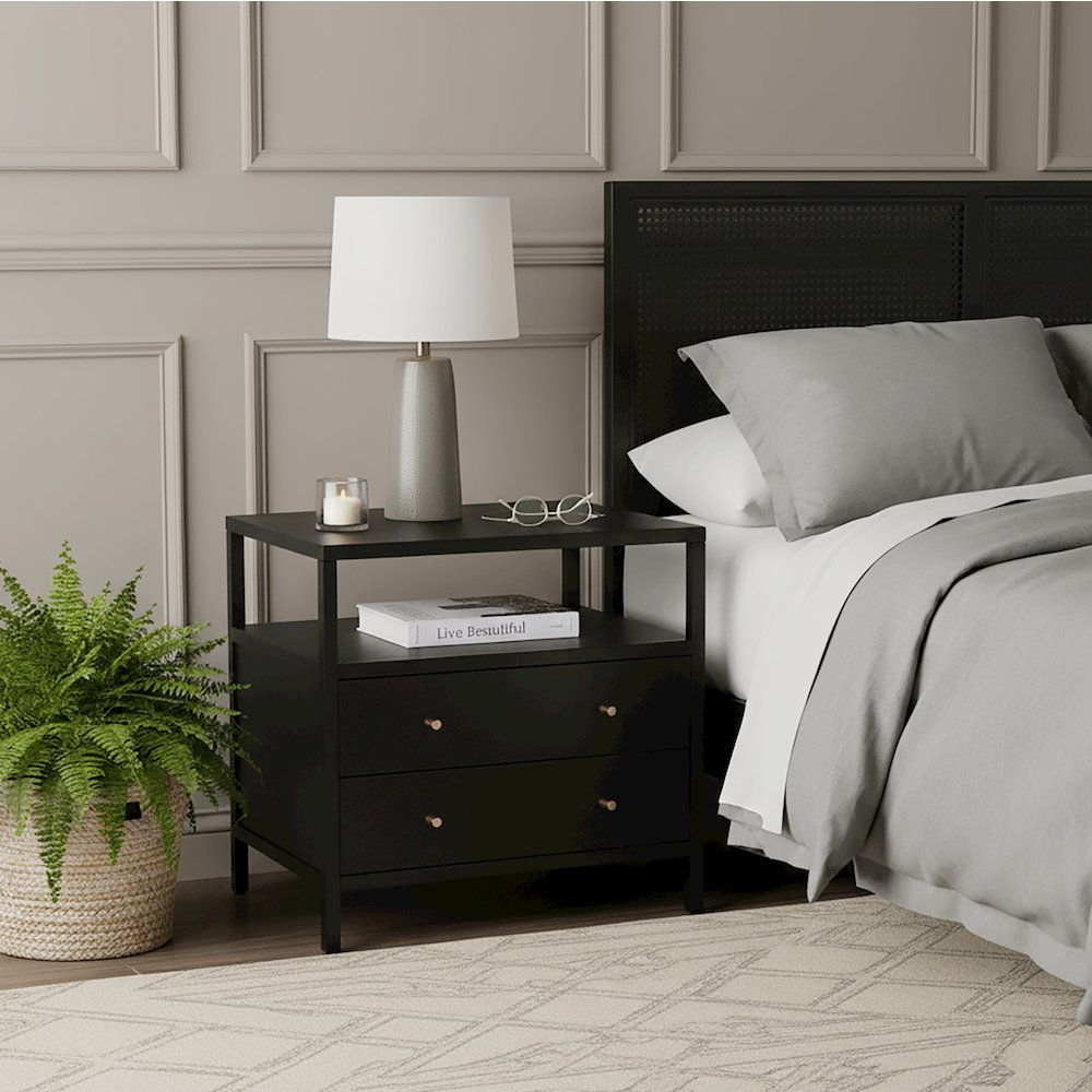 Mendel 28 in. W Rectangular Wood 2 Drawer Nightstand, Black. Picture 2