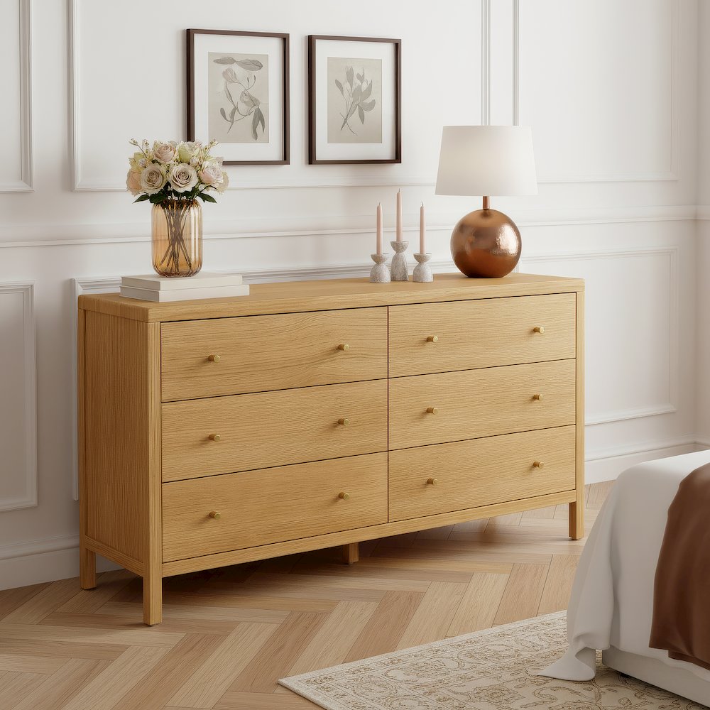 Mendel 60 in. W Rectangular Wood 6 Drawer Dresser, Light Brown. Picture 2