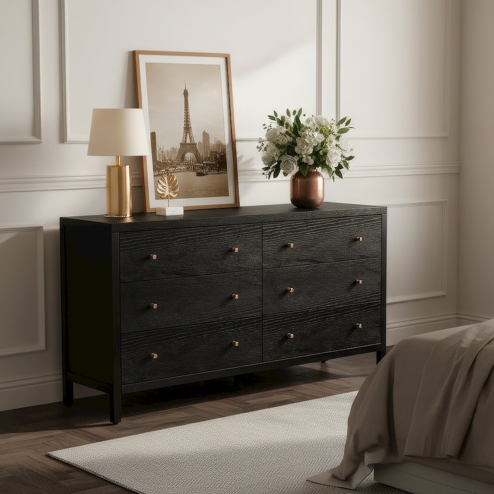 Mendel 60 in. W Rectangular Wood 6 Drawer Dresser, Black. Picture 2