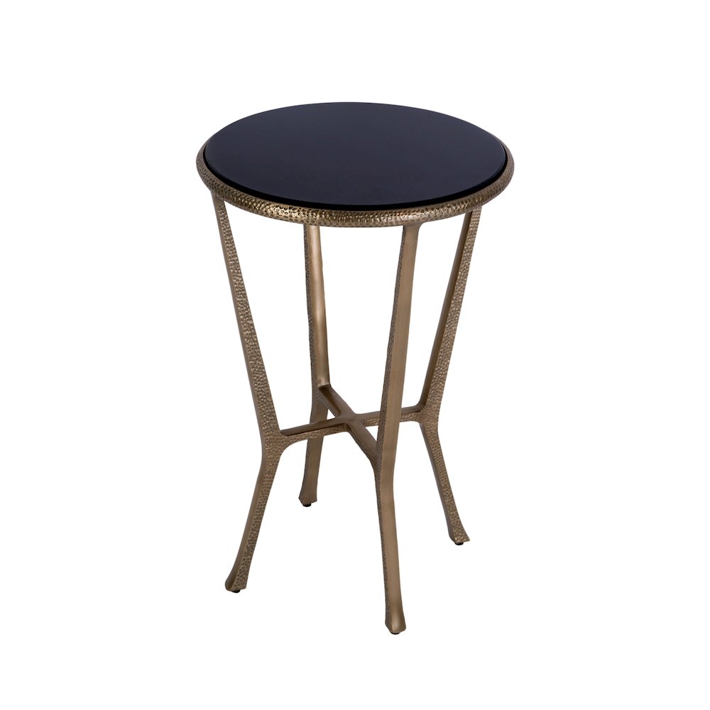 Ivy 15.5 in. W Round Metal & Granite Side Table, Black, Antique Gold. Picture 1