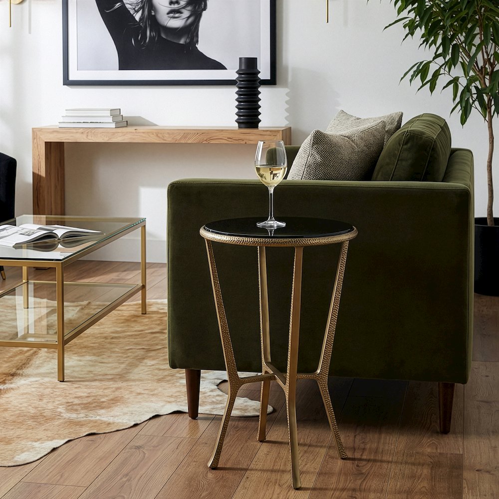 Ivy 15.5 in. W Round Metal & Granite Side Table, Black, Antique Gold. Picture 2