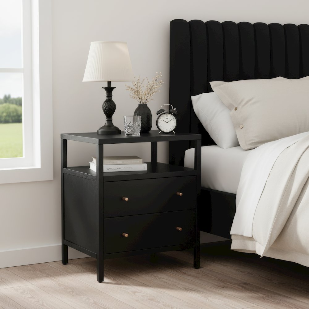 Mendel 21.25 in. W Wood 2 Drawer Nightstand, Black. Picture 2