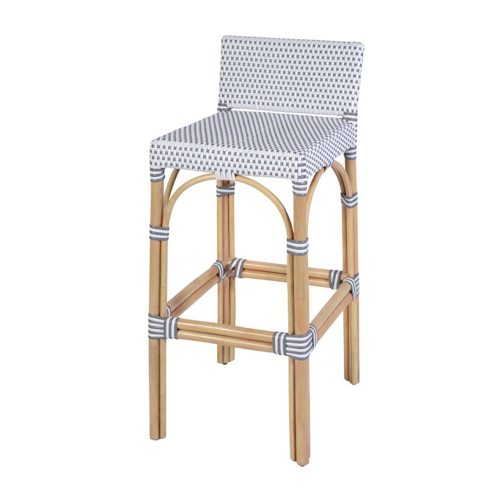 Serienna 30 in. Seat Height Rectangular Rattan Low Back Bar Stool White and Gray. Picture 1