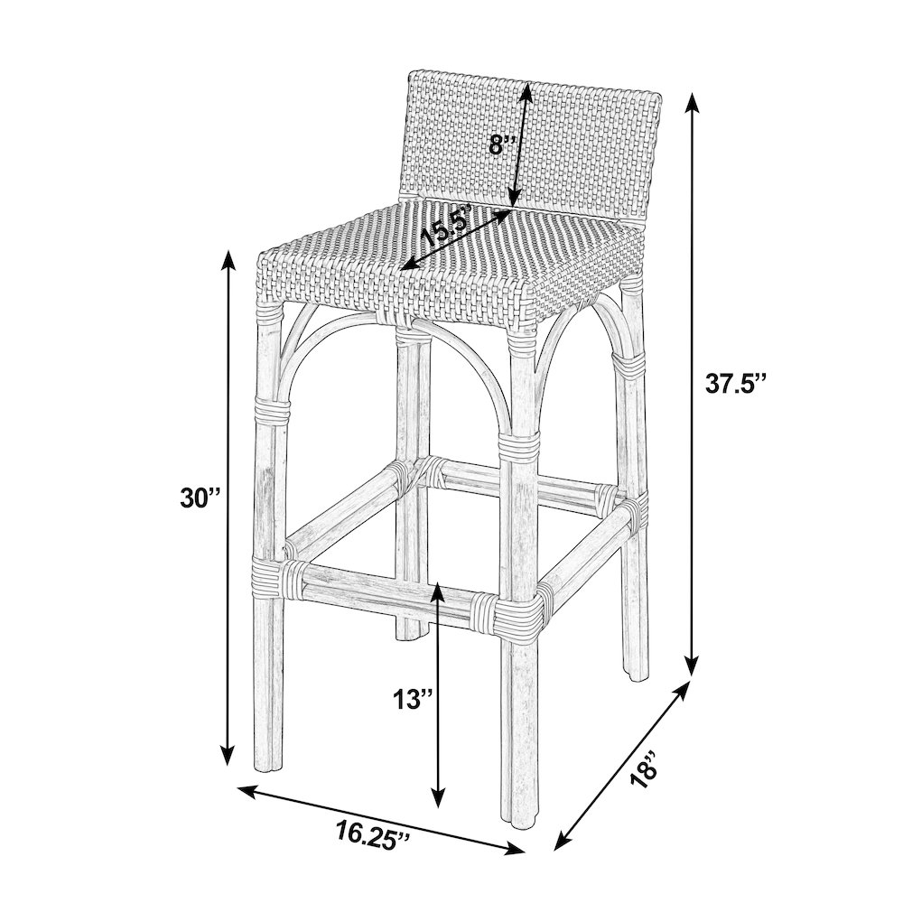 Serienna 30 in. Seat Height Rectangular Rattan Low Back Bar Stool White and Gray. Picture 3