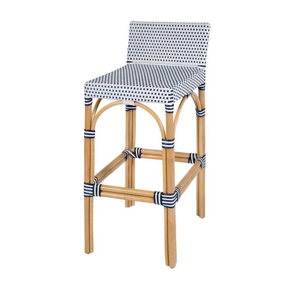 Serienna 30 in. Seat Height Rectangular Rattan Low Back Bar Stool White and Navy. Picture 1