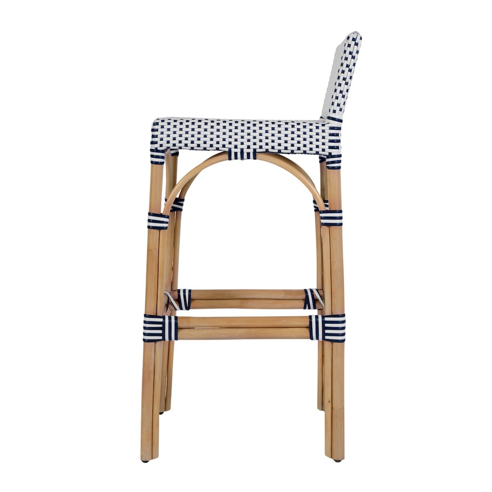 Serienna 30 in. Seat Height Rectangular Rattan Low Back Bar Stool White and Navy. Picture 5